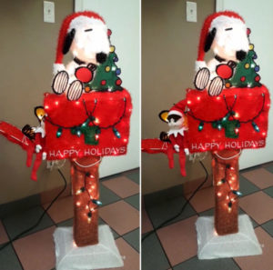Eddie the Elf playing hide and seek in a Snoopy Christmas mailbox